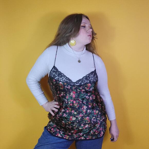 Myonne Black Floral Slip Dress Lace Trim, L - Picture 1 of 4